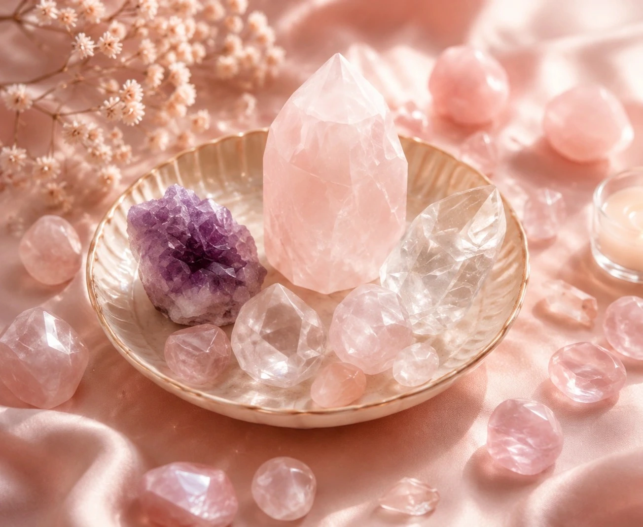 Rose quartz, amethyst and clear quartz crystals arranged in a ceramic bowl