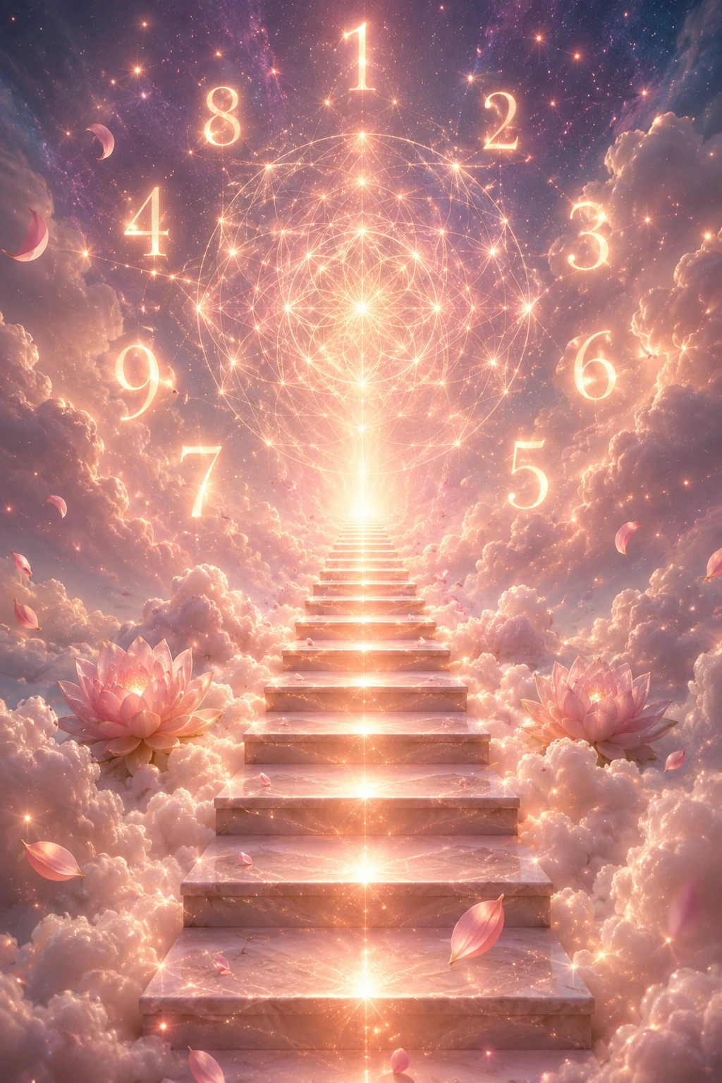 A glowing marble stairway rising into light, surrounded by floating numbers, lotus flowers and clouds