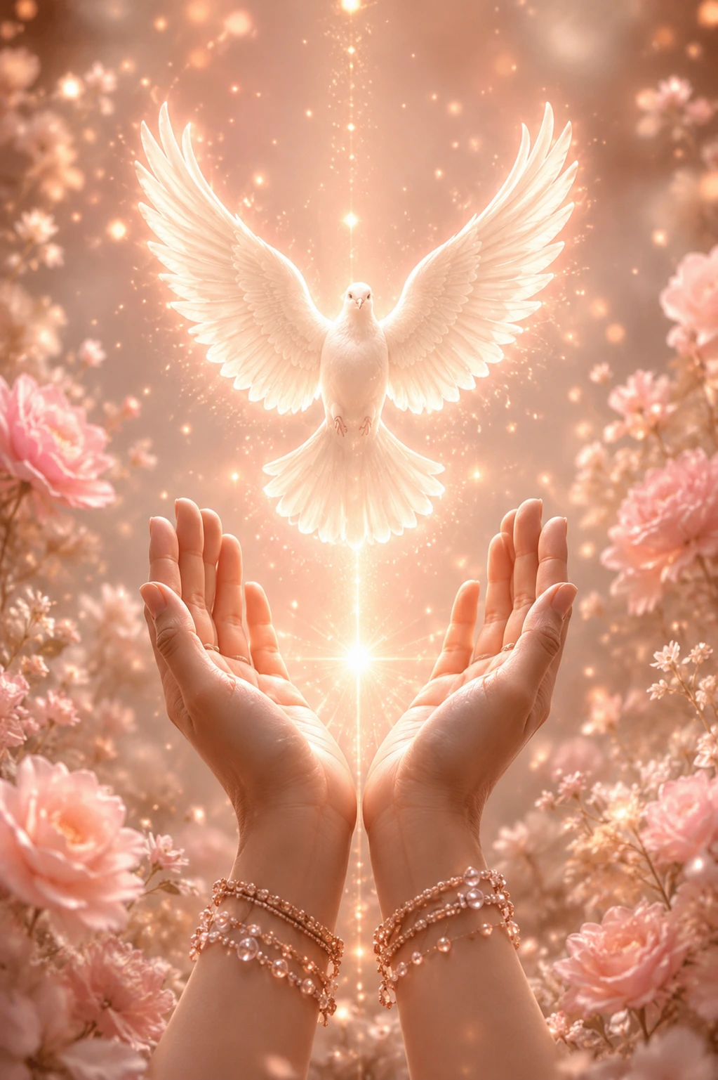 Open hands releasing a glowing white dove surrounded by pink flowers