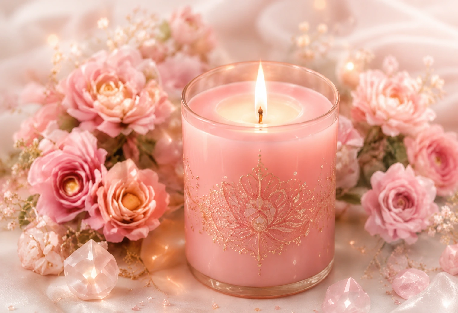 Pink lotus ritual candle surrounded by roses and rose quartz crystals