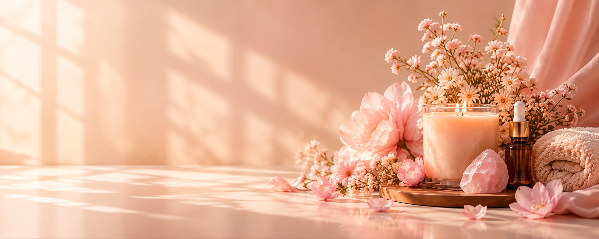 Ritual candle, rose quartz and pink blossoms in soft light