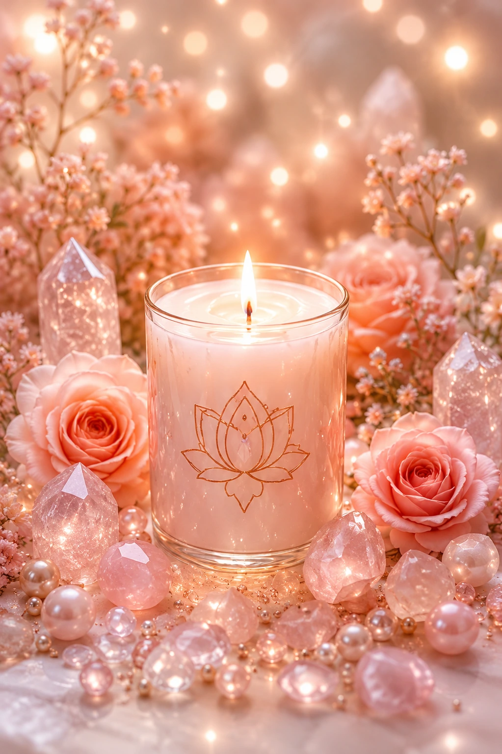 Rose quartz crystals and a lotus candle prepared for a past life regression session
