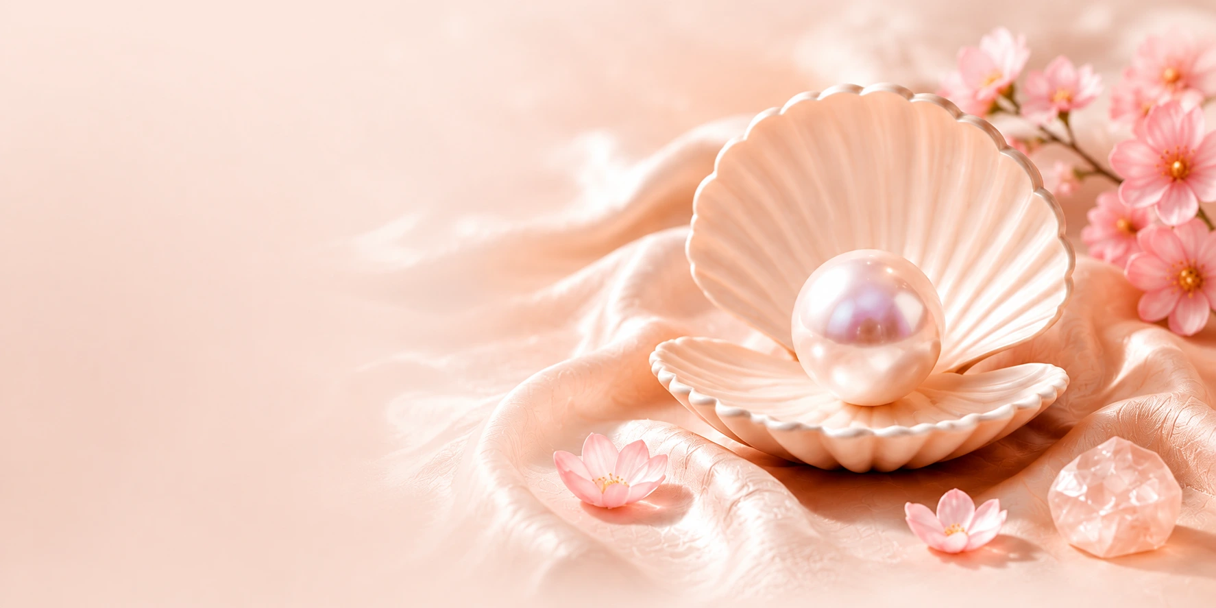 Pearl in a shell with cherry blossoms on soft pink silk