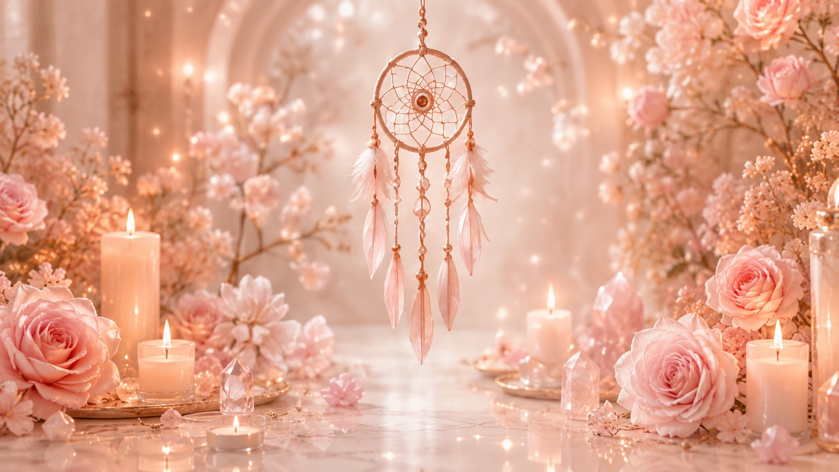 Rose gold dreamcatcher surrounded by pink roses, candles and crystals