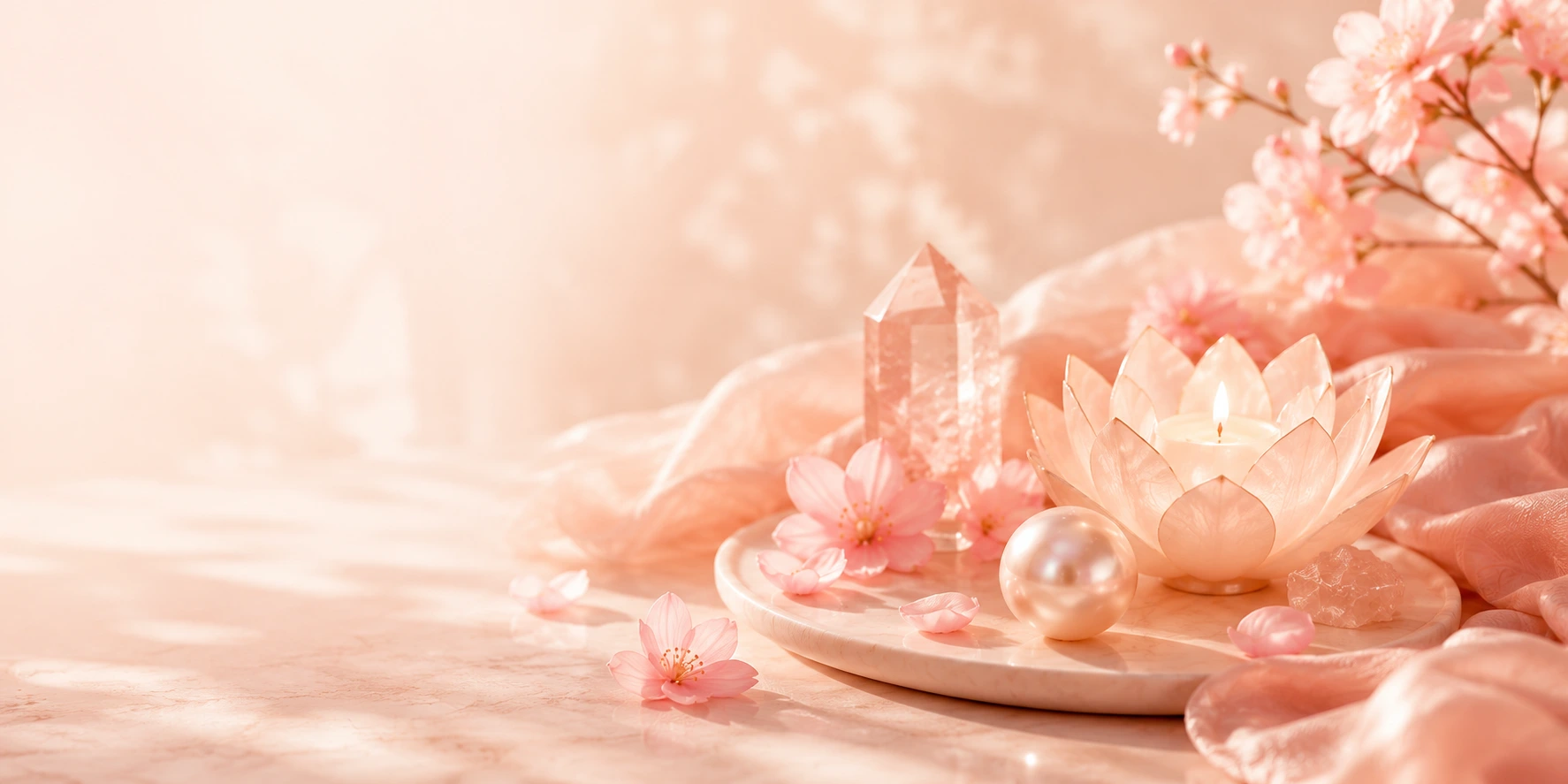 Crystals, lotus candle, pearl and cherry blossoms on a blush surface
