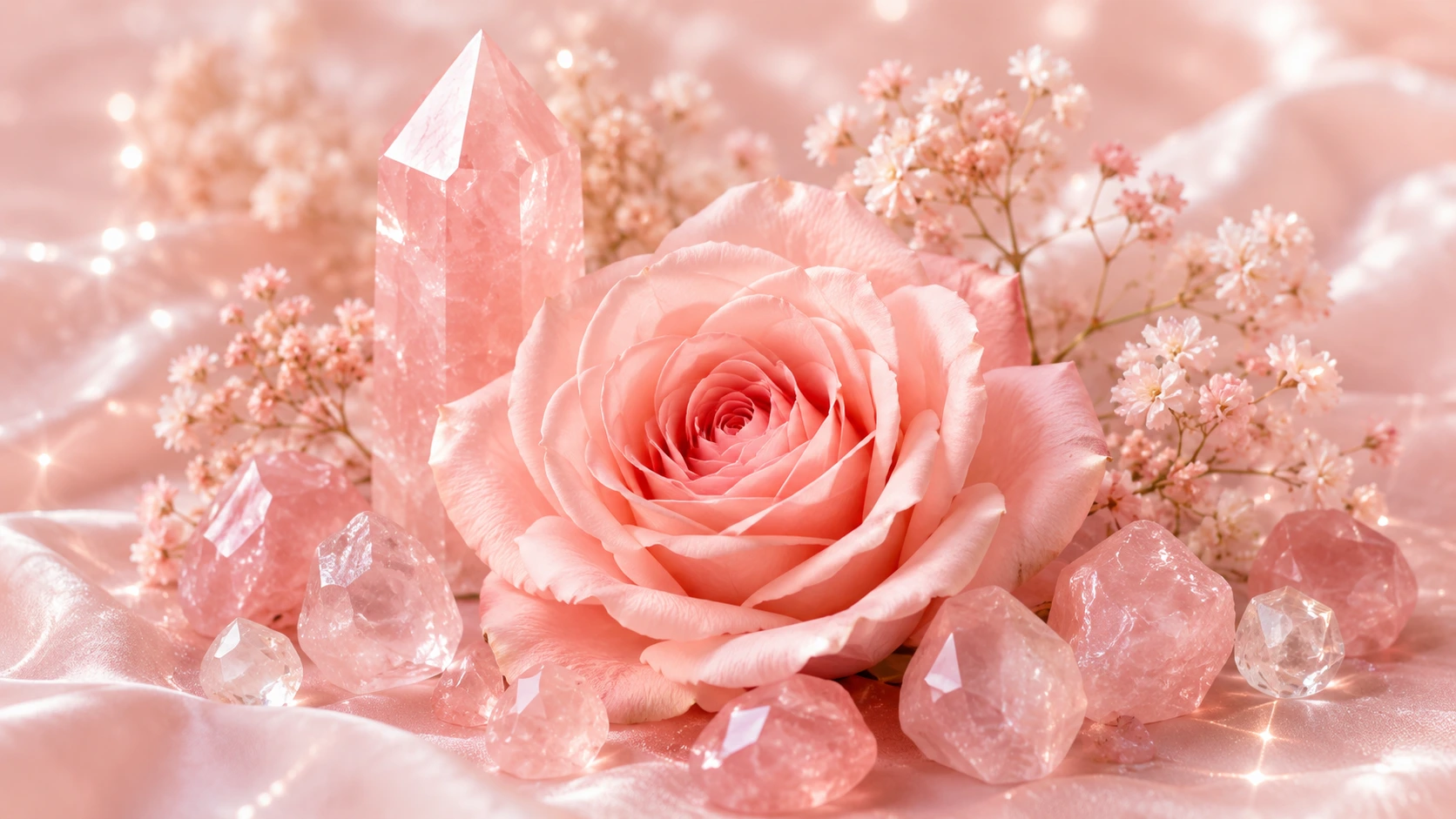 Pink rose surrounded by rose quartz crystals on soft silk