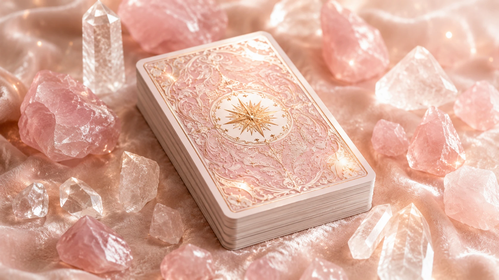 Ornate gold and pink tarot deck surrounded by rose quartz and clear quartz crystals