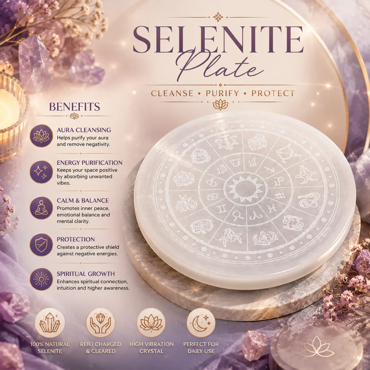 Selenite Plate (Zodiac)