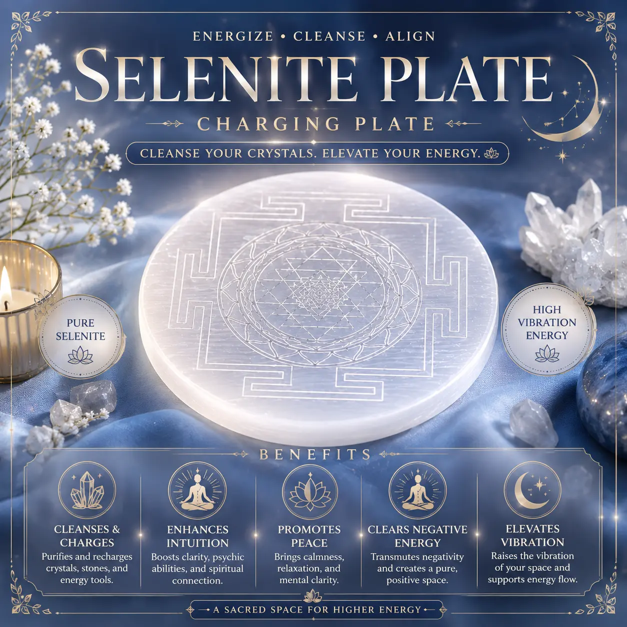 Selenite Charging Plate (Sri Yantra)